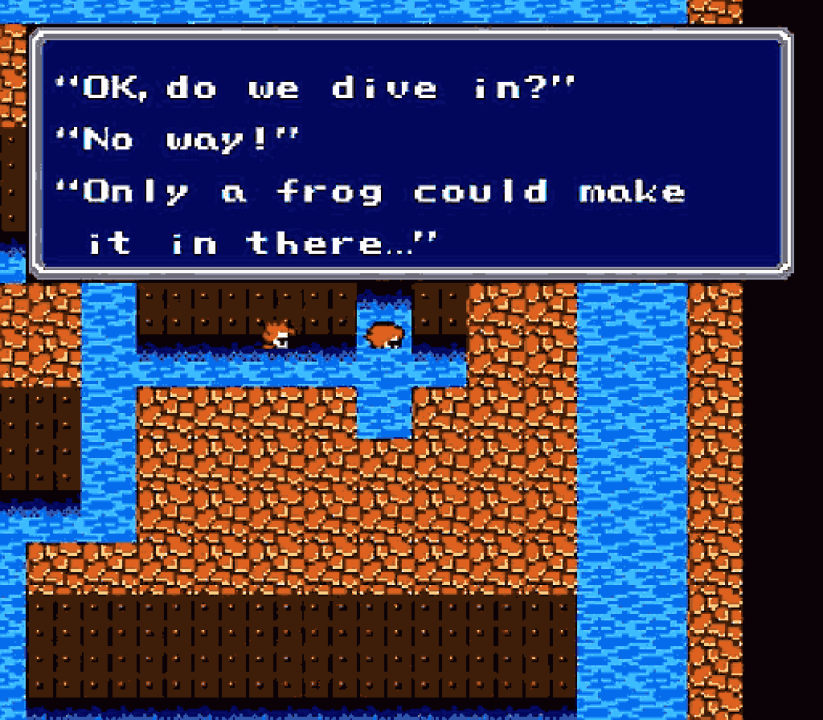 Turning into frogs to progress the storyFinal Fantasy III (Famicom, fan translation, approx. 1999)