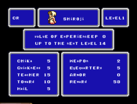 There were three other classes to choose from at the start of the game - here's the White Mage's name and starting stats