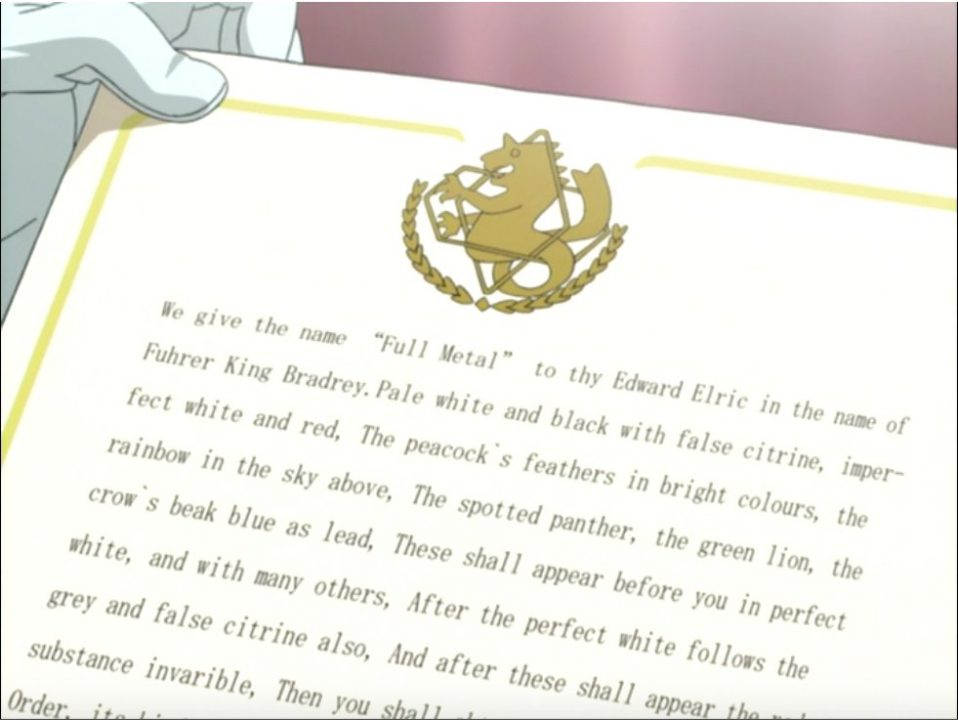 This certificate has something about the colors of animals (from Fullmetal Alchemist)