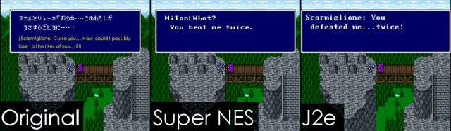 A basic example of the J2e translation simply rephrasing the Super NES translation. Game rewrites like this are actually common among fans - the Secret of Mana rewrite is often mistaken for a re-translation, in fact
