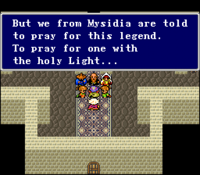 The J2e translation restores a lot of censored text - here we see that religious references to praying are left as praying, unlike in the original Super NES translation