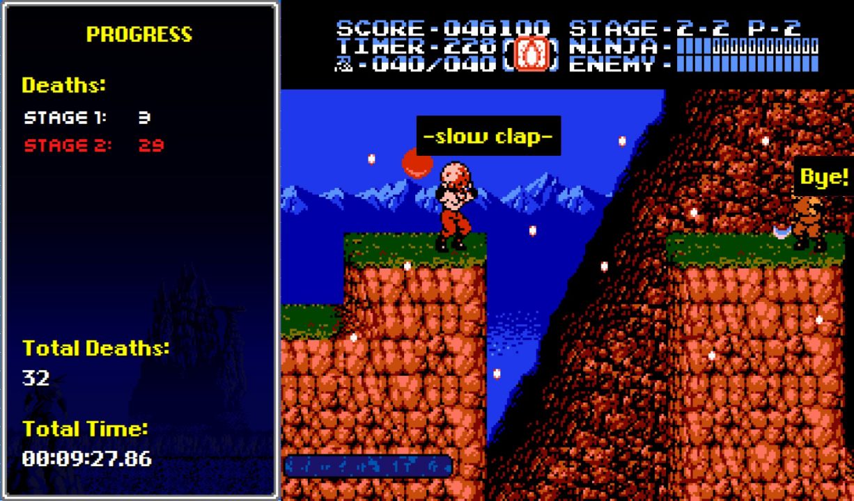A timer, an automatic death counter, and a system that lets enemies taunt you when you die A timer, an automatic death counter, and a system that lets enemies taunt you when you die