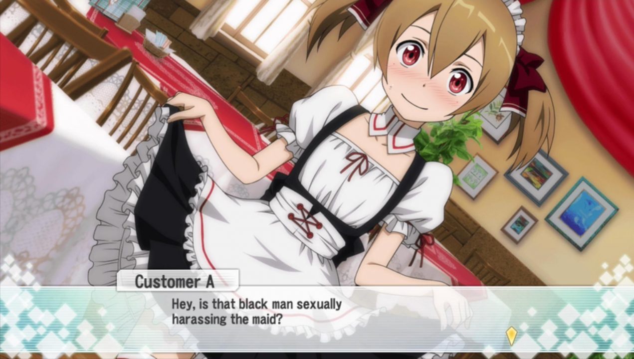 "Hey, is that black man sexually harassing the maid?"For once there's a perfect, grammatically correct sentence! But it's still got translation problems: the phrase in Japanese means "man dressed all in black" or "man in black", which is a very different thing! (Also the main character isn't black)