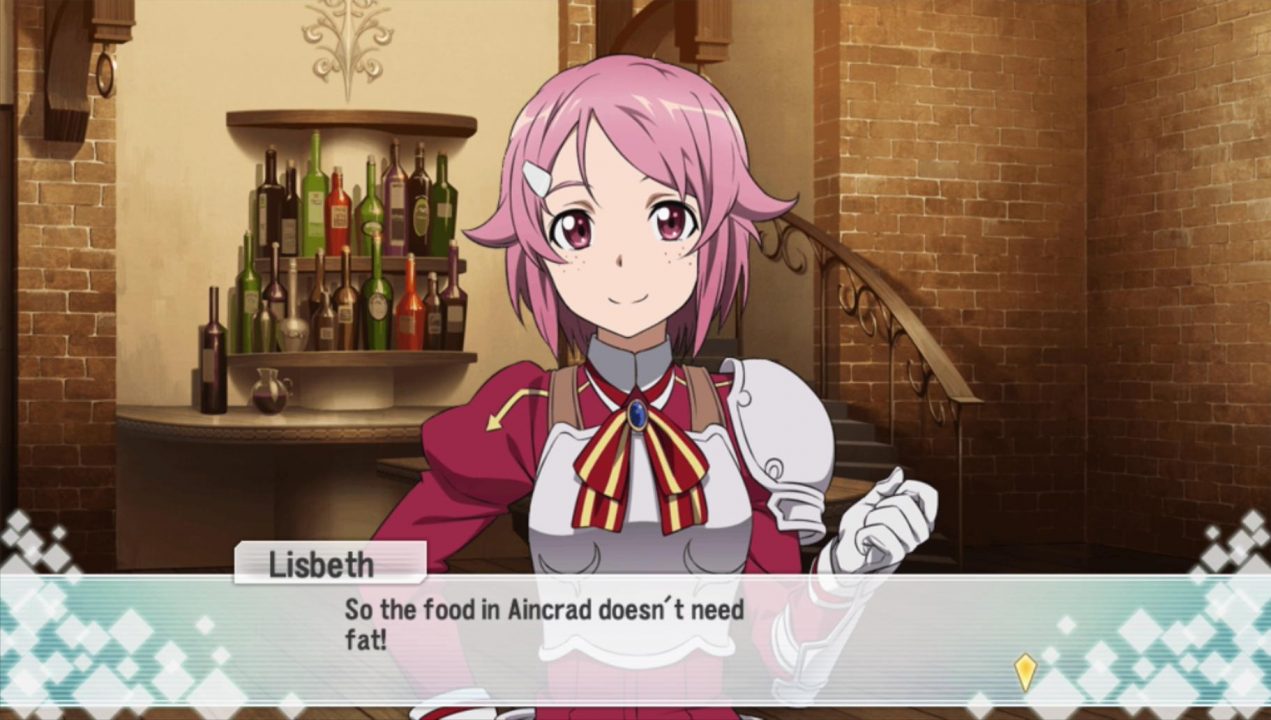 In Japanese she actually says that "you won't gain any body fat by eating food in Aincrad"