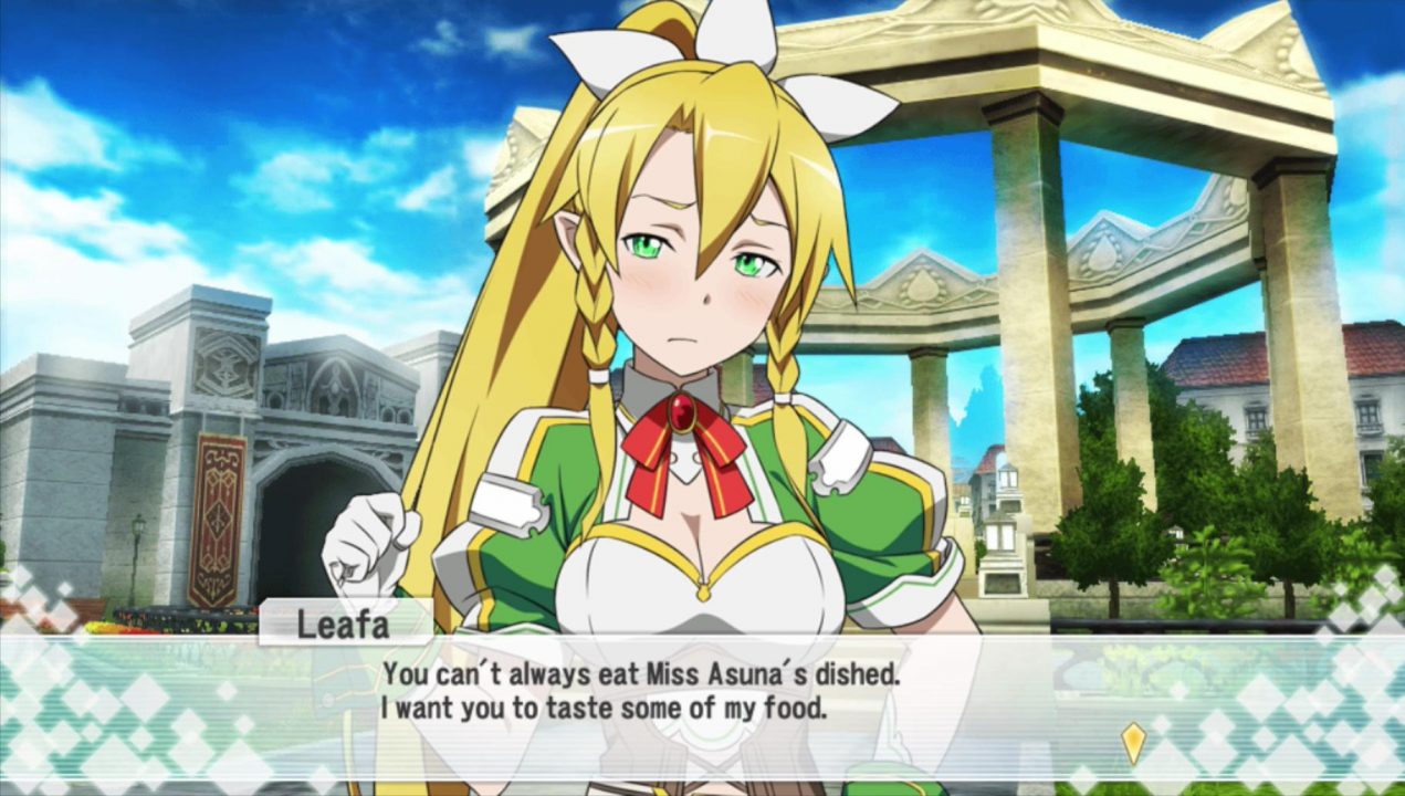 "You can't always eat Miss Asuna's dished."Also, I think this might be one of the first times I've seen Leafa's use of "-san" translated this way, so there's definitely a whole bunch of different translators doing their own things without communication between them