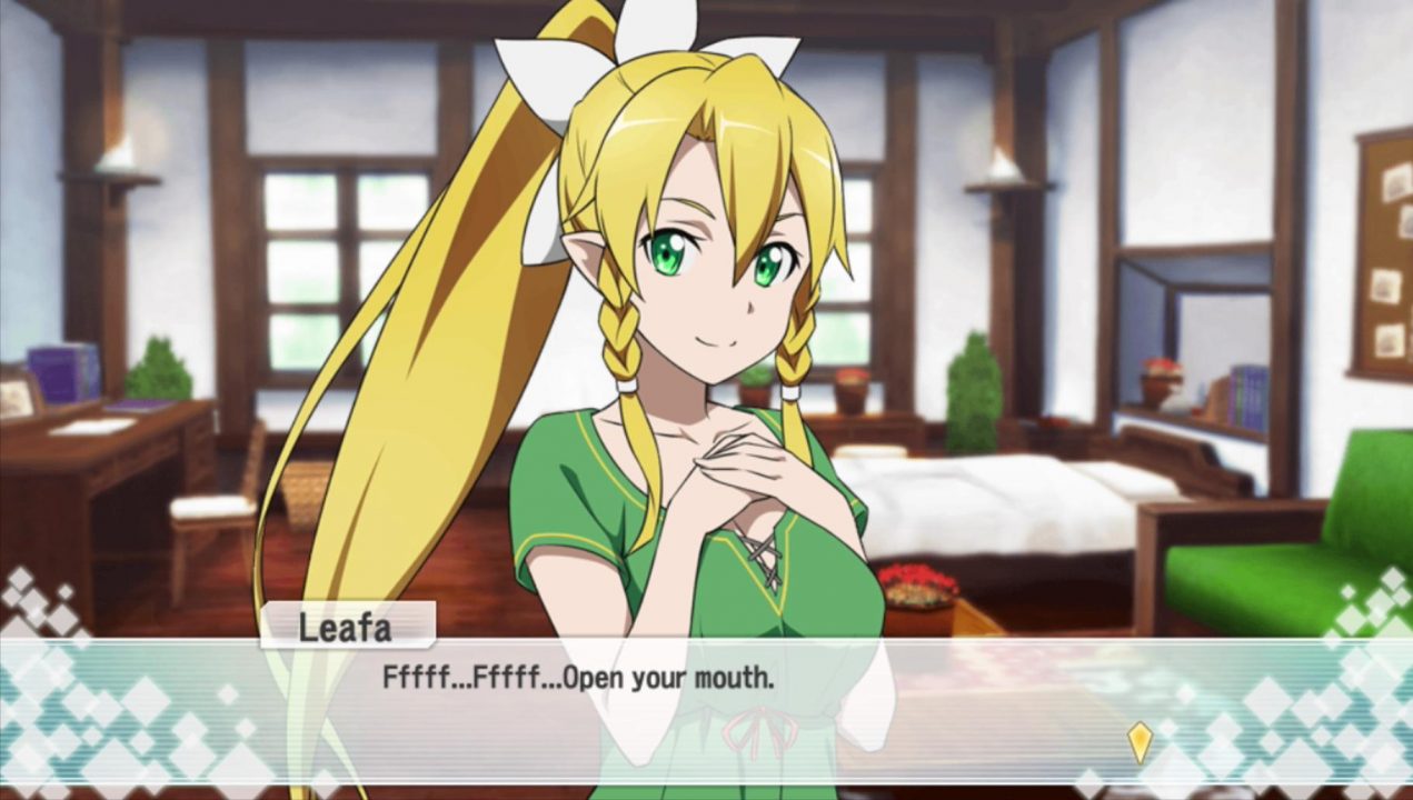 She's blowing on the hot porridge before feeding it to Kirito. This made me wonder, how WOULD we convey this sound in written English without resorting to saying something like "*blowing*"? As I mention during the stream, I'm of the opinion that it's poor form to criticize a translation if you can't offer a better solution, so I'm in no place to criticize this "Fffff...Fffff" choice