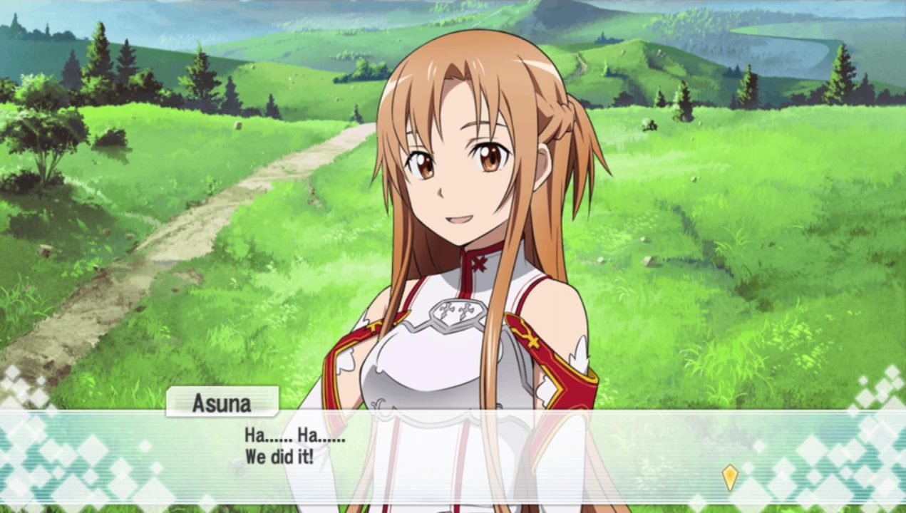 She's not laughing, she's out of breath. This is actually a common mistake in game translation