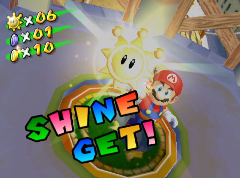 The Japanese version of Super Mario Sunshine features a famous example of the wasei eigo phrase "___ get!", resulting in "Shine Get!". This was rephrased simply to "Shine!" in the English localization, however The Japanese version of Super Mario Sunshine features a famous example of the wasei eigo phrase "___ get!", resulting in "Shine Get!". This was rephrased simply to "Shine!" in the English localization, however