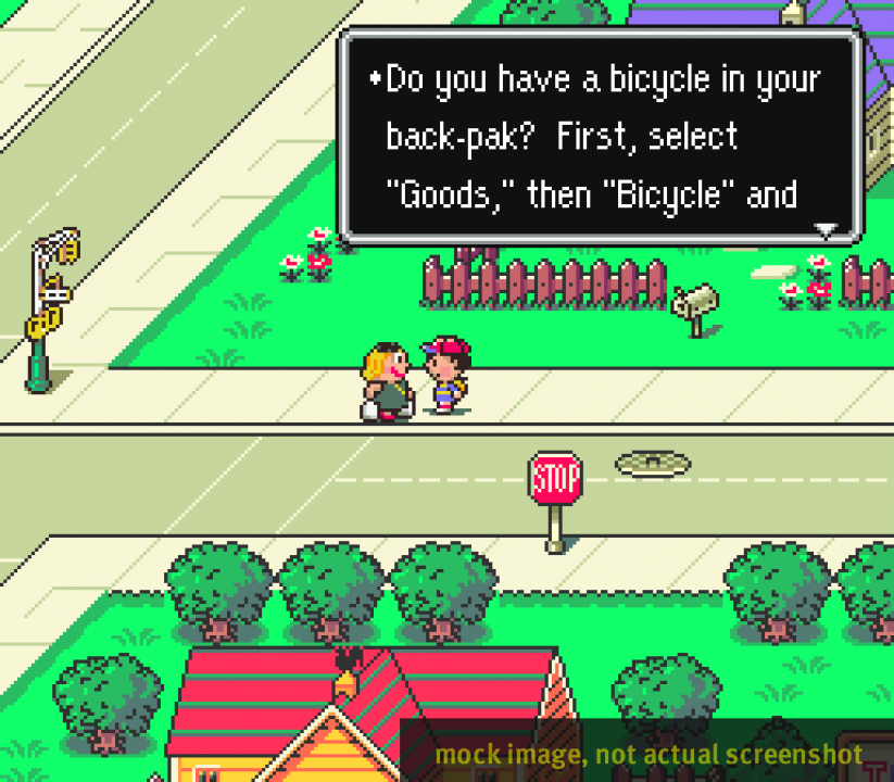 In the CES demo, this woman's text was replaced with instructions on how to use the Bicycle item, but in the actual game you don't get this item until later in the game In the CES demo, this woman's text was replaced with instructions on how to use the Bicycle item, but in the actual game you don't get this item until later in the game