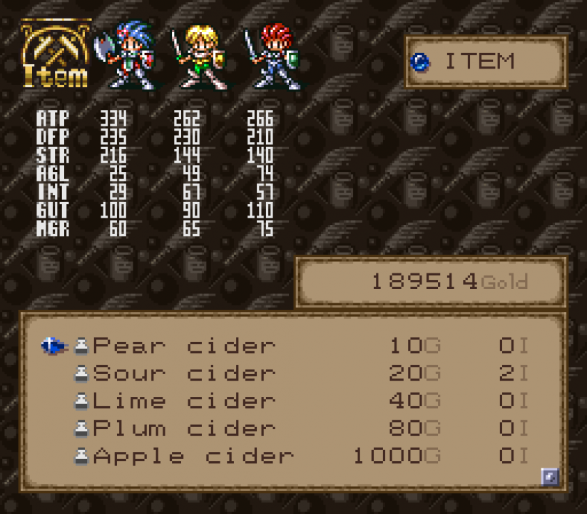 Lufia II: Rise of the Sinisrals is a great example of this tactic. Direct references to rum, vodka, gin, liqueur, and whiskey in the Japanese game were all replaced with different flavors of cider for the English game Lufia II: Rise of the Sinisrals is a great example of this tactic. Direct references to rum, vodka, gin, liqueur, and whiskey in the Japanese game were all replaced with different flavors of cider for the English game