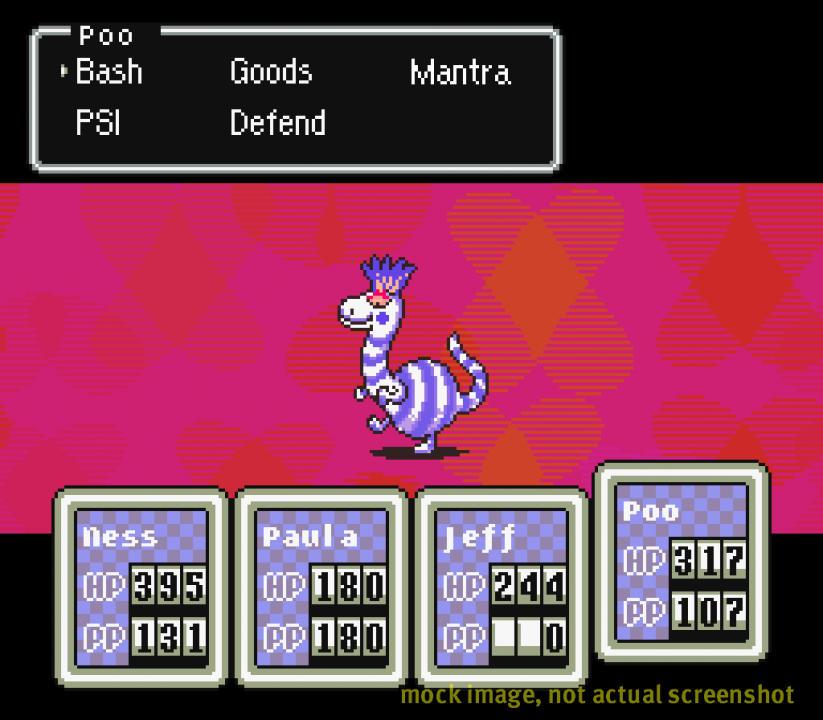 Poo's special skill was originally called "Mantra", and it would make enemies ignore him more often in battle. I'm not sure if he could use it on other party members or not, but the skill was later replaced with his enemy-copying "Mirror" skill Poo's special skill was originally called "Mantra", and it would make enemies ignore him more often in battle. I'm not sure if he could use it on other party members or not, but the skill was later replaced with his enemy-copying "Mirror" skill