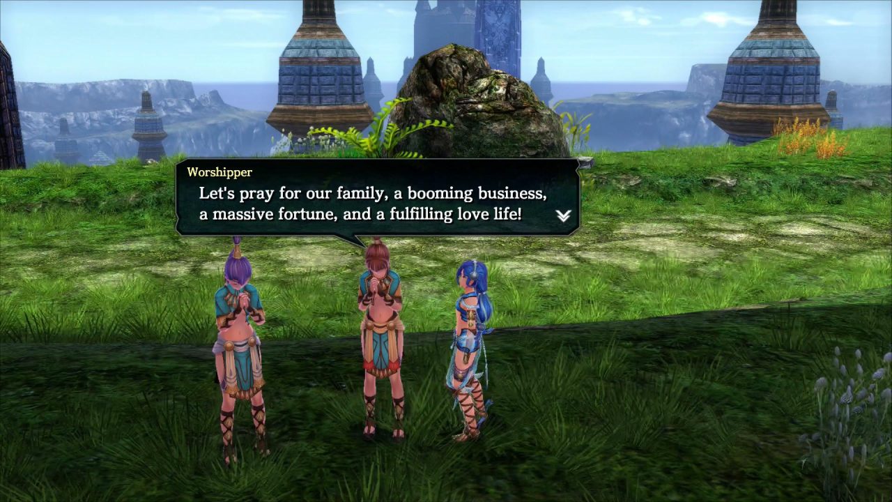 Translation A: "Let's pray for our family, a booming business, a massive fortune, and a fulfilling love life!"