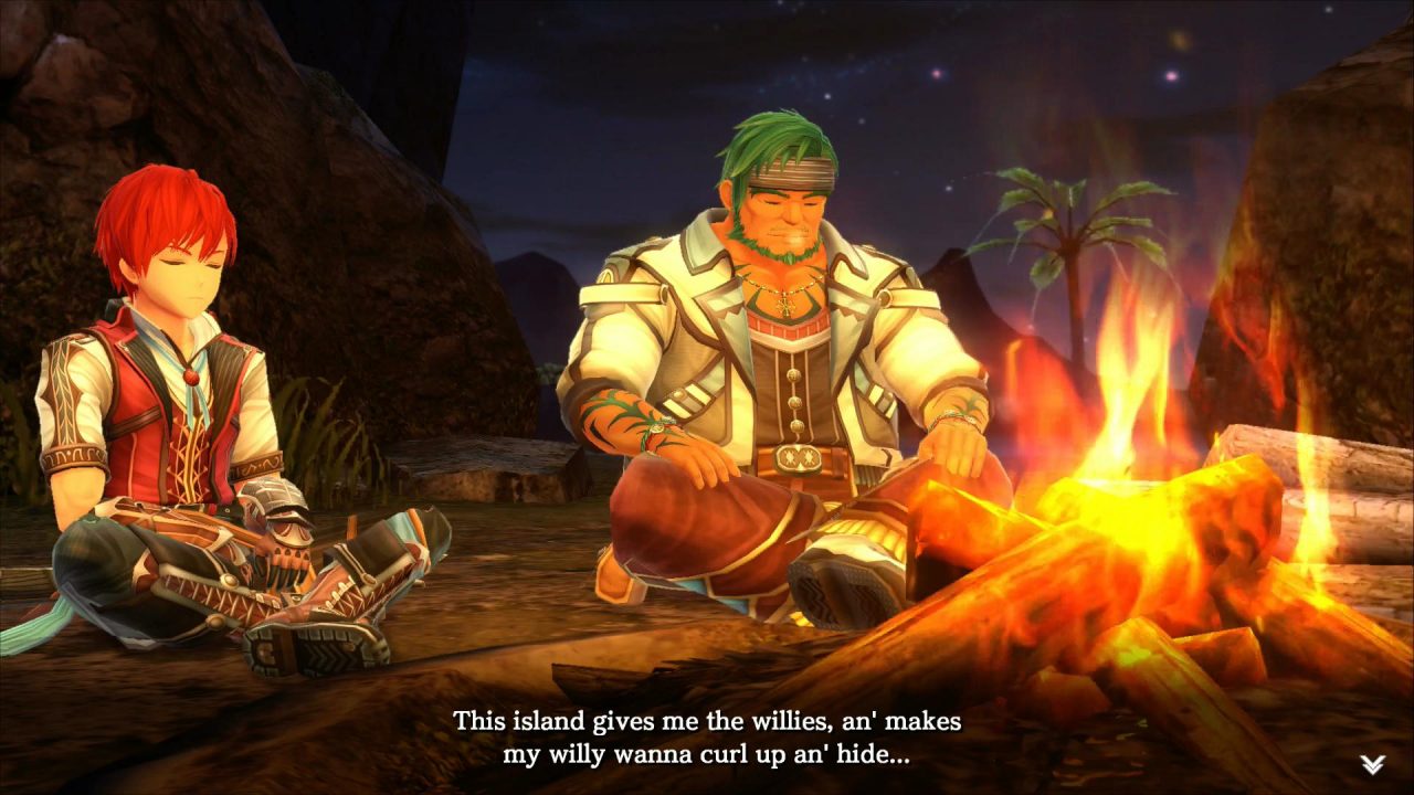 Translation B: "This island gives me the willies, an' makes my willy wanna curl up an' hide..."