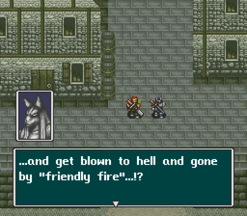 "...and get blown to hell and gone by 'friendly fire'...!?"(all-new conversation added in fan translation)