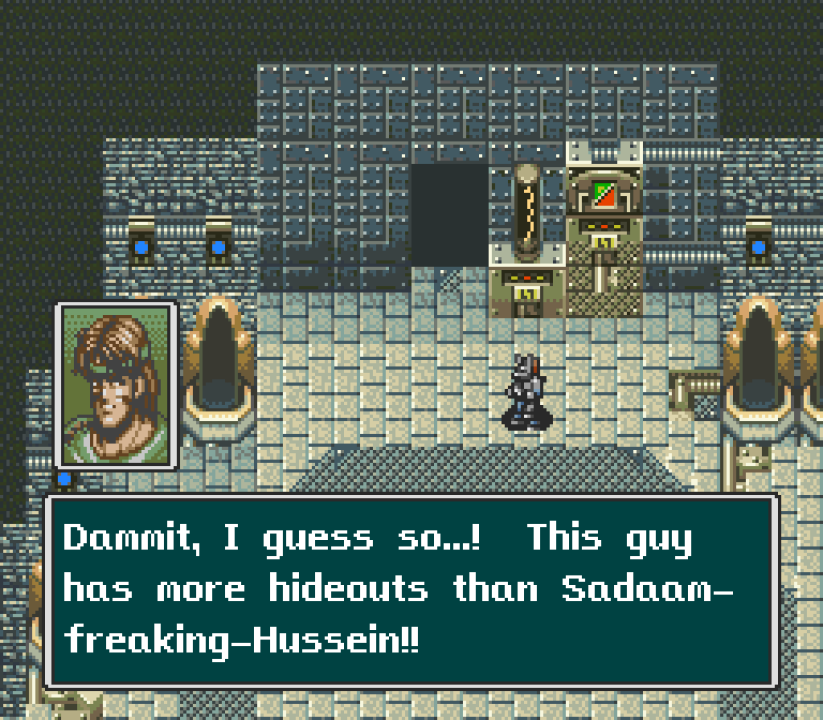 "Dammit, I guess so...! This guy has more hideouts than Sadaam-freaking-Hussein!!"(all-new dialogue added in fan translation, full scene comparison) "Dammit, I guess so...! This guy has more hideouts than Sadaam-freaking-Hussein!!"(all-new dialogue added in fan translation, full scene comparison)