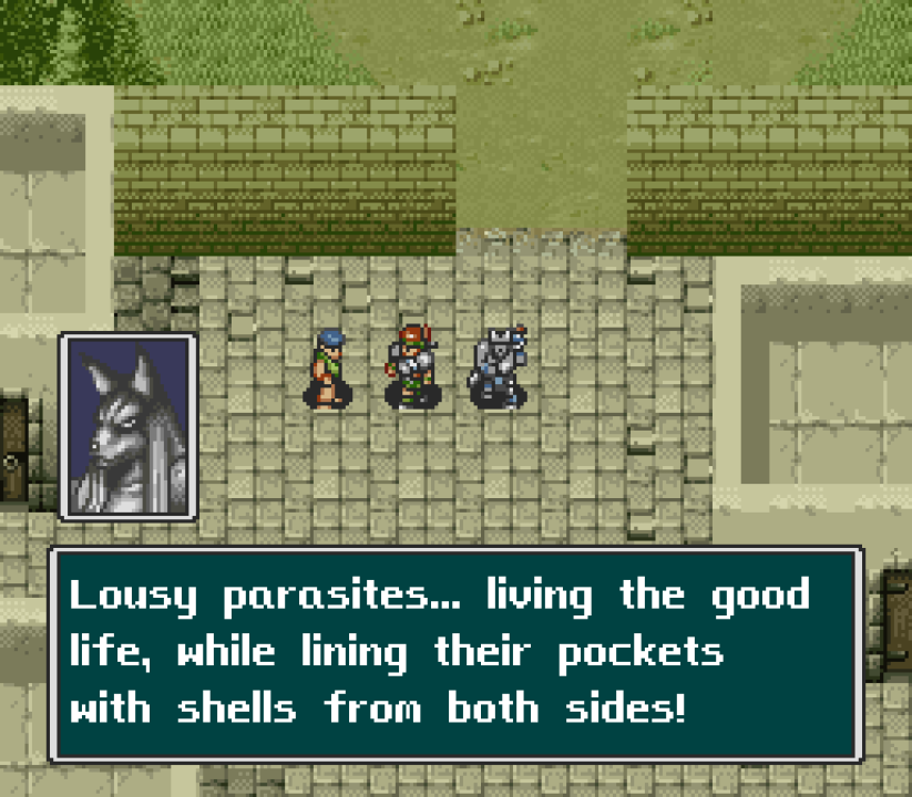 "Lousy parasites... living the good life, while lining their pockets with shells from both sides!"(all-new dialogue about neutrality being bad added in fan translation, full scene comparison) "Lousy parasites... living the good life, while lining their pockets with shells from both sides!"(all-new dialogue about neutrality being bad added in fan translation, full scene comparison)